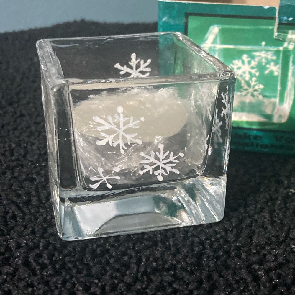 White Snowflake Glass Candle Holder - Clear Glass Votive- Set of 2